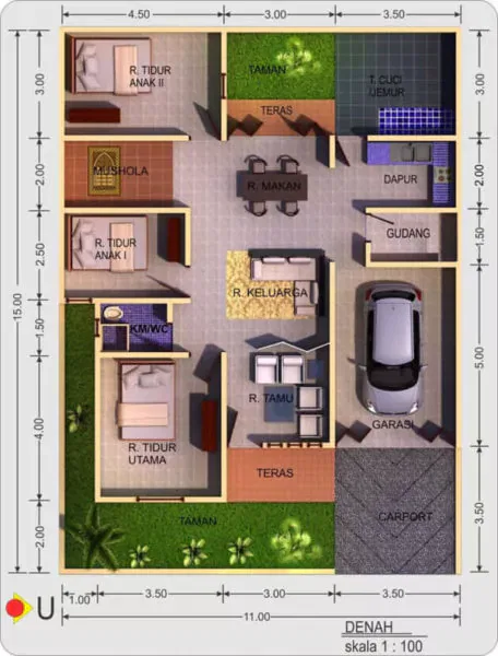 denah rumah 6x8 3 kamar